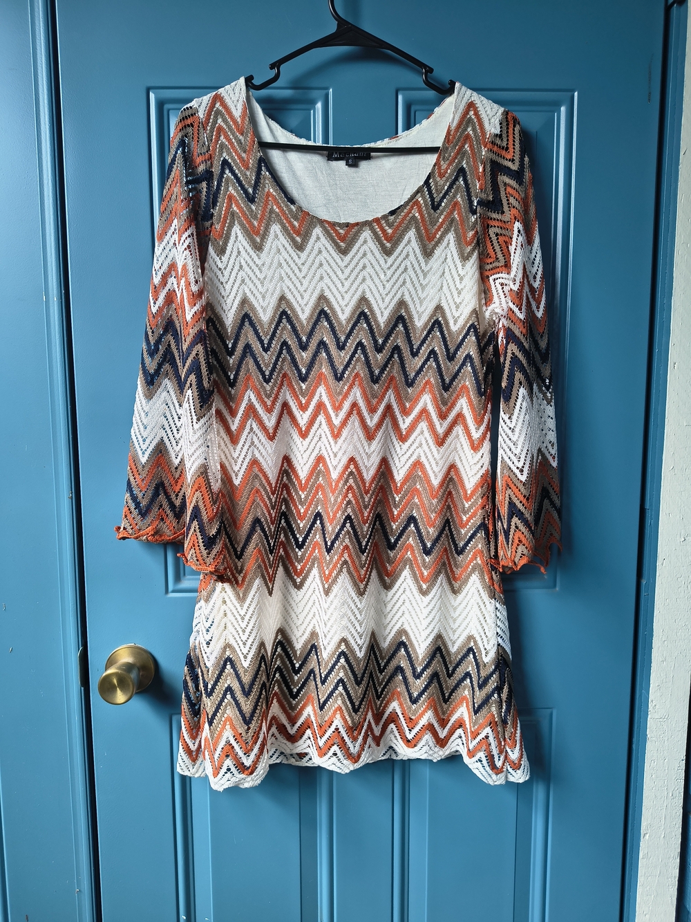 Chevron Knit Tunic Dress in White, Orange & Navy